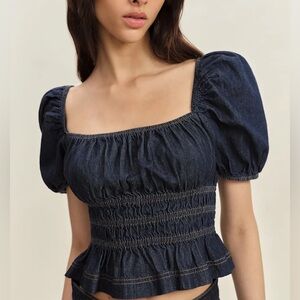 NWT Reformation Aliya Short-Sleeve Ruched Denim Top S
